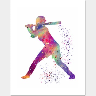 Baseball Batter Girl Colorful Watercolor Silhouette Posters and Art